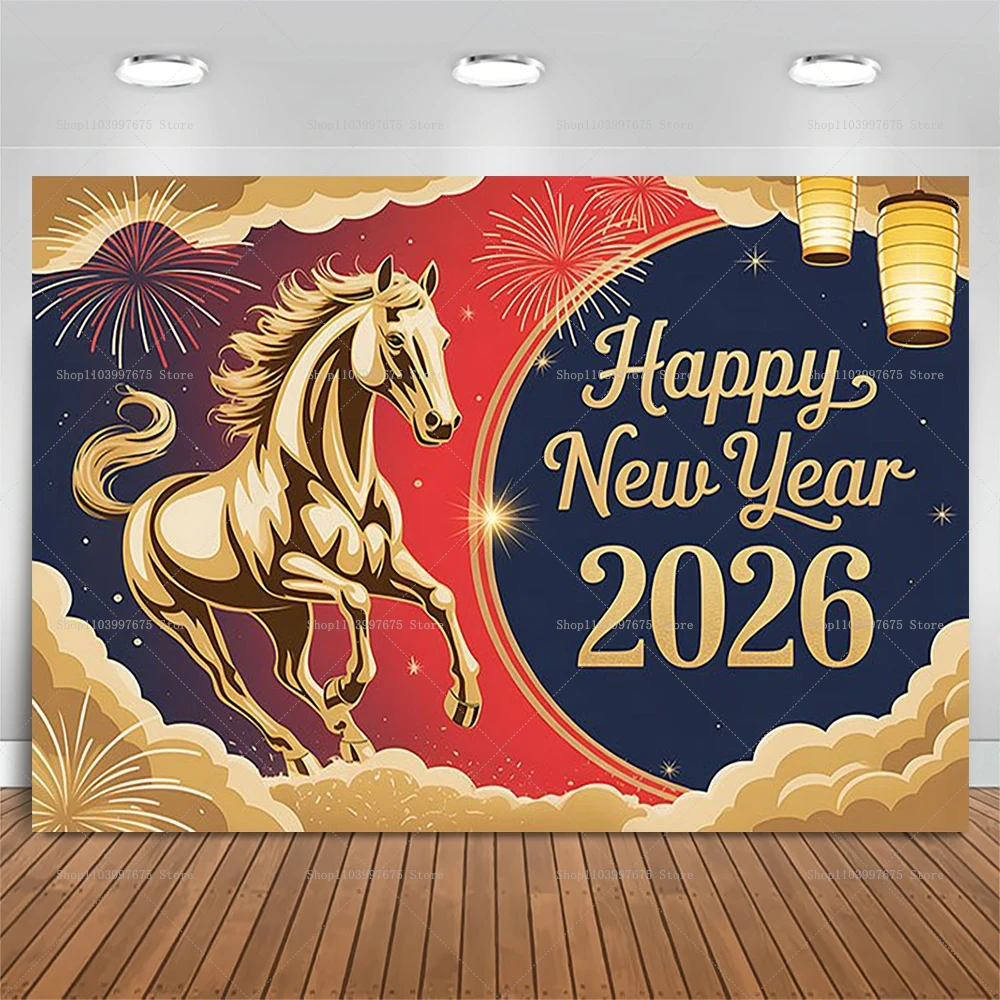 Neujahr 2026 Pferd Design Kulissen Neujahr Party Dekorationen Fotografie Hintergrund Banner Indoor Audio Photo Booth Requisiten