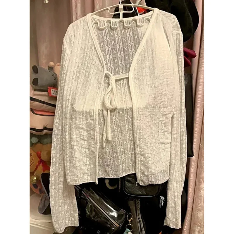 2024 White Tie Up Summer Cardigan Women Sexy Long Sleeve Sheer Mesh Crop Tops Woman Chic All Match Short Printed T Shirt Mujer