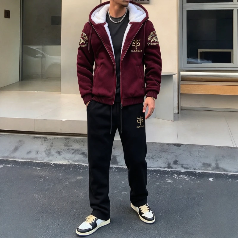Men's Thermal Fleece Hooded Tracksuit Autumn Winter 2Pcs Gold Print Jogging Outfit Sets Plus Plush Thick Cardigan Two Piece Set