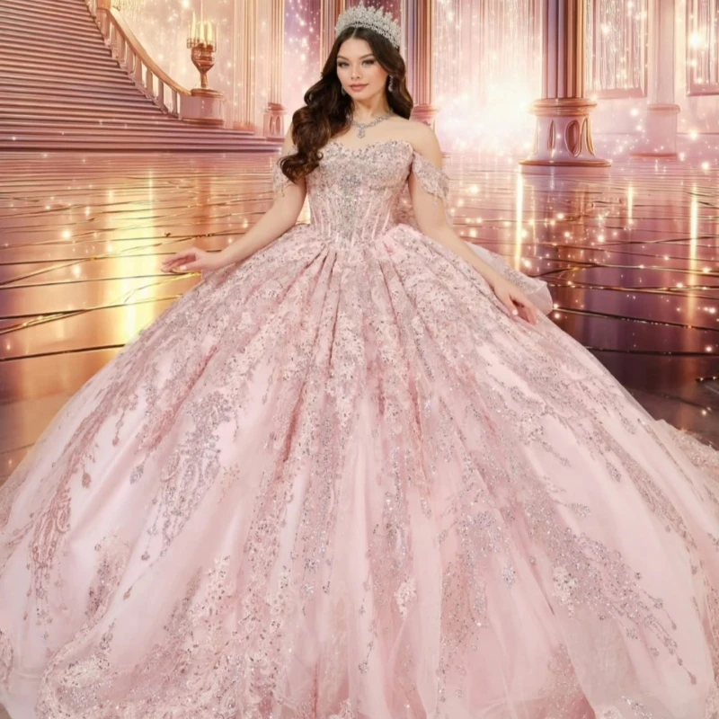 Pink Glitter Quinceanera Dresses Off Shoulder Ball Gown Sweet 16 Dress Applique Lace Beading Bow Tiered Tull Party Birthday vest
