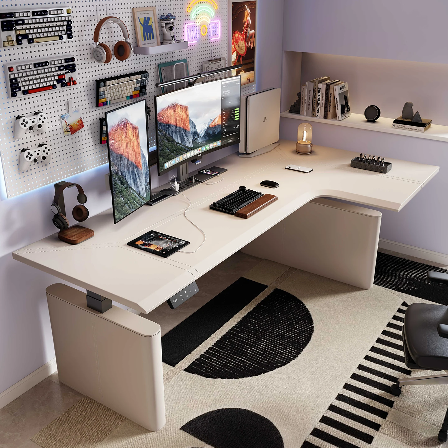 Corner electric lift table saddle leather smart computer table L shape