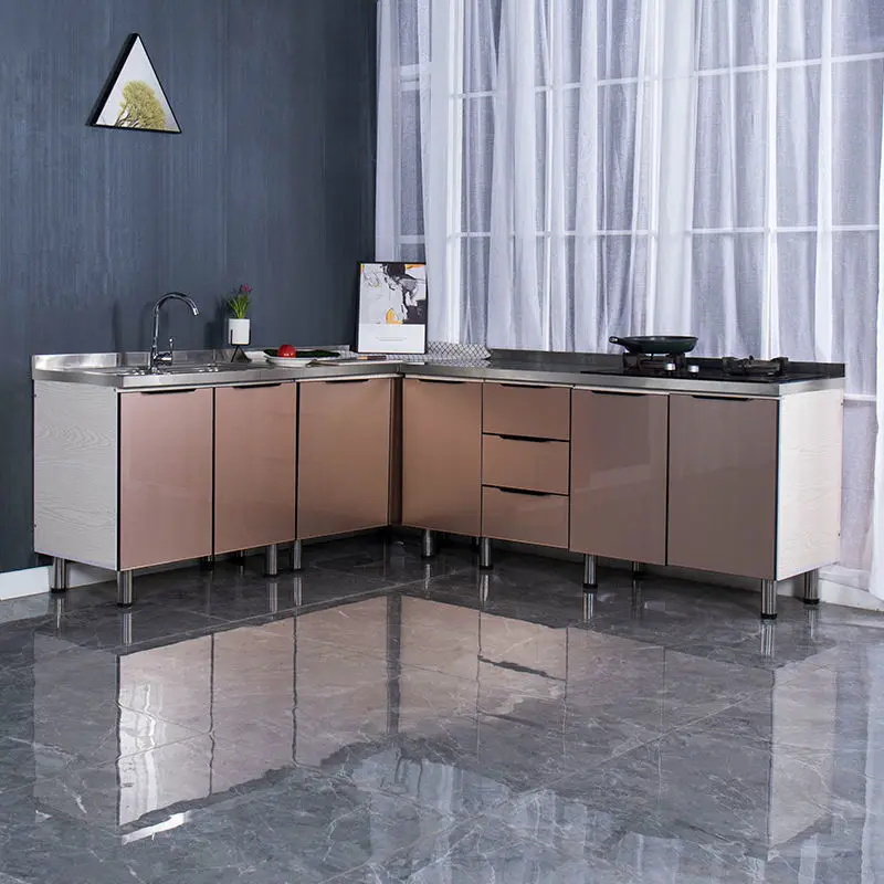Mueble de cocina sencillo de acero inoxidable, armario de cocina doméstico, armario para fregadero, armario integrado para montaje y alquiler