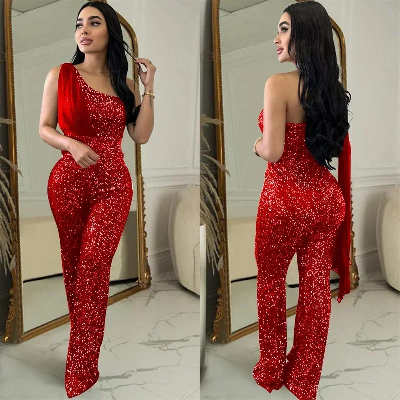 Elegante macacão de lantejoulas de um ombro para mulheres festa glitter sem mangas fita boate macacão de uma peça aniversário