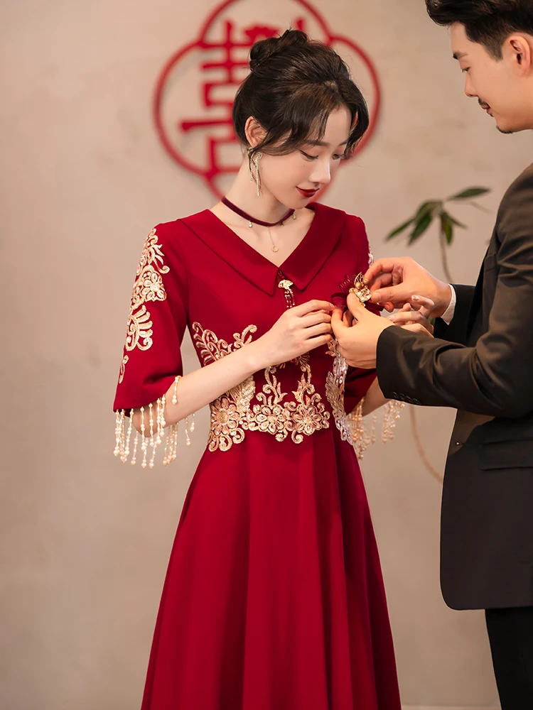 

Red Wedding Dr Women's Engagement Par Evening Gown Vintage Sle Zipper Svel Fitted mid Waist Pearl Embellied