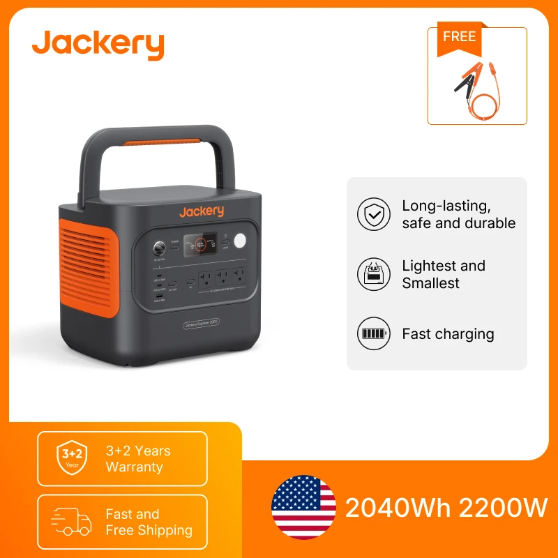 

Портативная электростанция Jackery Explorer 2000 v2 с кабелем для зарядки 12В, выходной мощностью 2200 Вт и емкостью 2040 Вт·ч на LiFePO₄ (LFP) аккумуляторах, гарантия 5 лет