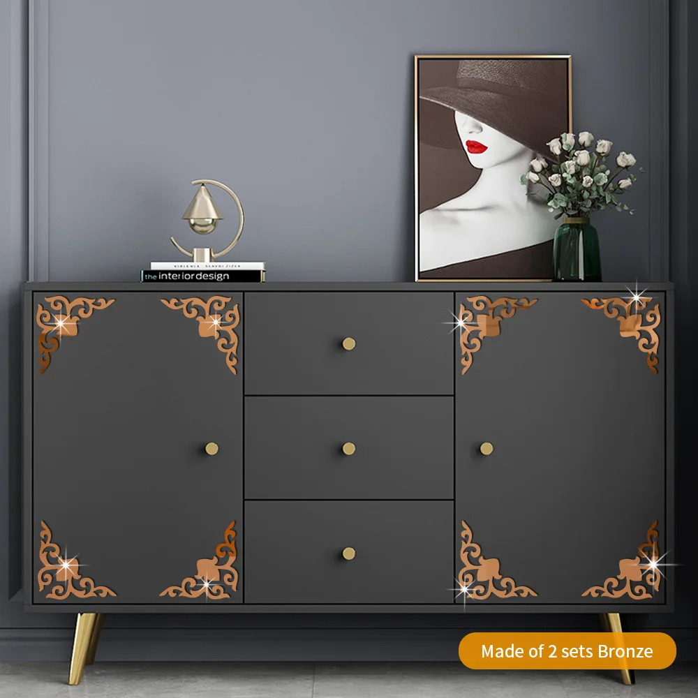 Tuvalet masası dolabı ayna dekorasyon çıkartması kendinden yapışkanlı akrilik 3D duvar Sticker mobilya köşe altın dekor çıkartmalar