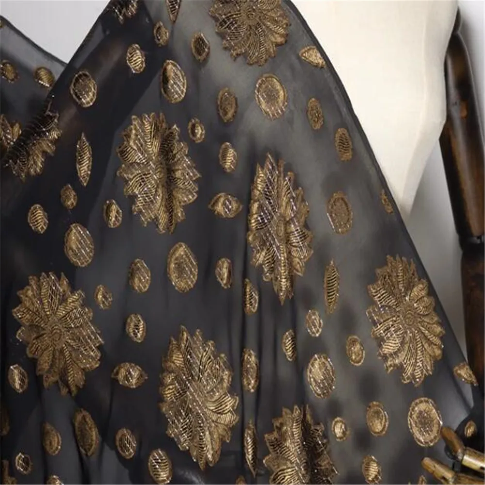 Clear Floral Black Gold Flower Shiny Soft Silk Lurex Metallic Fabric with Jacquard for Lady Fashion Party Dress