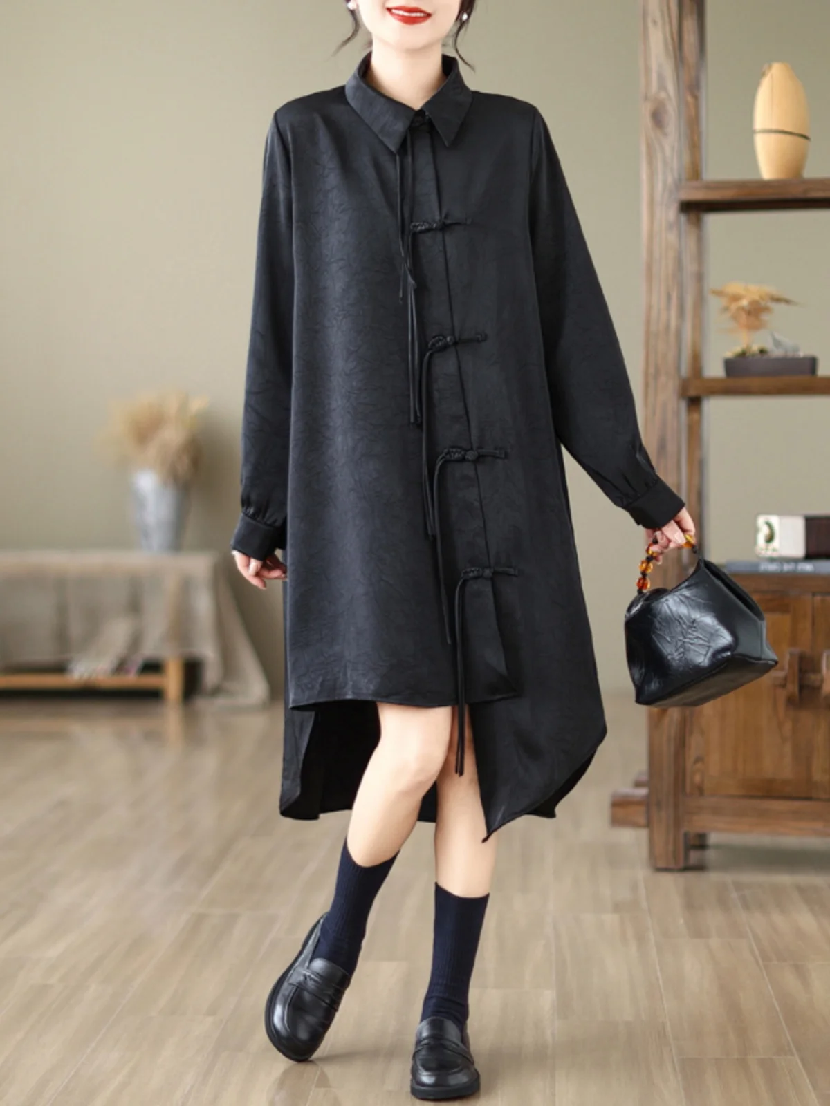 

Новый китайский Sle Long Sve irt Dr, большой размер, женский модный воротник-стойка, пуговица средней длины, асимметричный весенний Dr