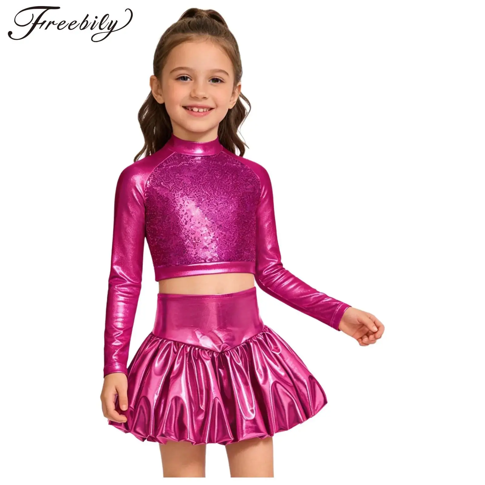 Girls Metallic Shiny Jazz Hip Hop Street Dance Outfit Long Sleeve Sequin Crop Top with Bubble Skirt for Cheerleading Performance