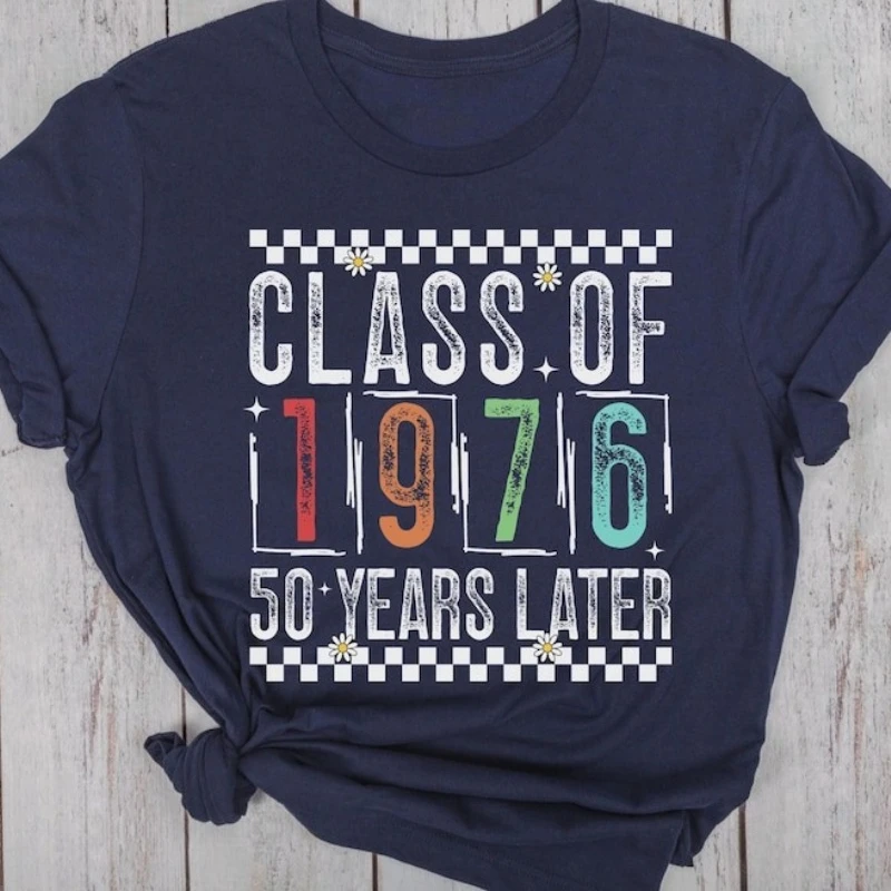 50th Reunion Woman with Flowers Class of 1976 Group Matching Printed TShirts Tops Fashion All-match Casual Style Short-sleev