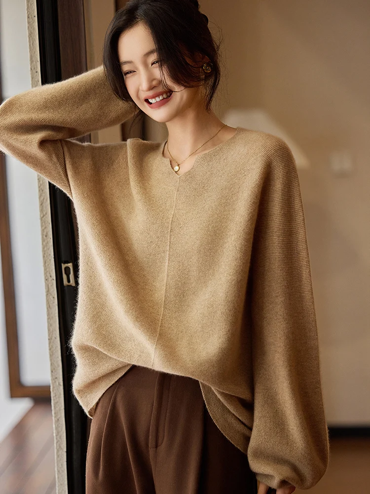 

Шикарный повседневный свободный свитер в стиле ретро, женский свитер с v-образным вырезом, осень-зима, трикотаж из 100% мериносовой шерсти, пуловер, теплая мягкая однотонная одежда, топы