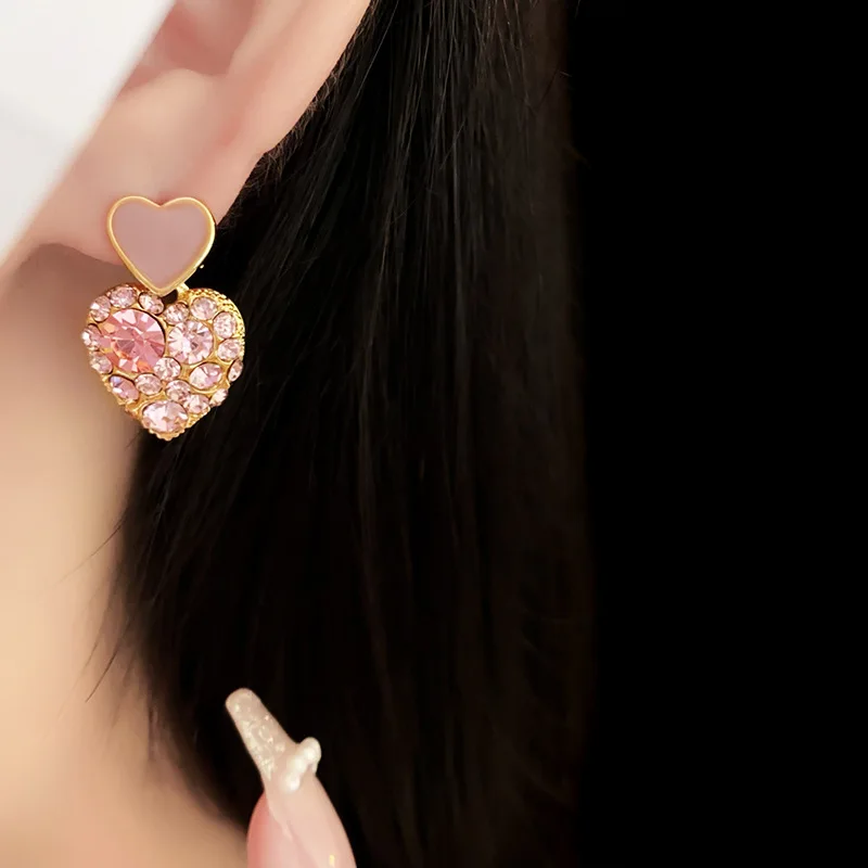Gold Plating Rhinestone Pink Heart Drip Stud Earrings for Women Fashion Simple Versatile Earring Silver Needle Jewelry Wholesale image 3