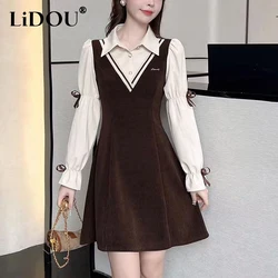 Autumn Winter New Fake Two Pieces Patchwork Dress Women Long Sleeve Casual Fashion A-line Mini Robe Femme Elegant Waist Vestidos