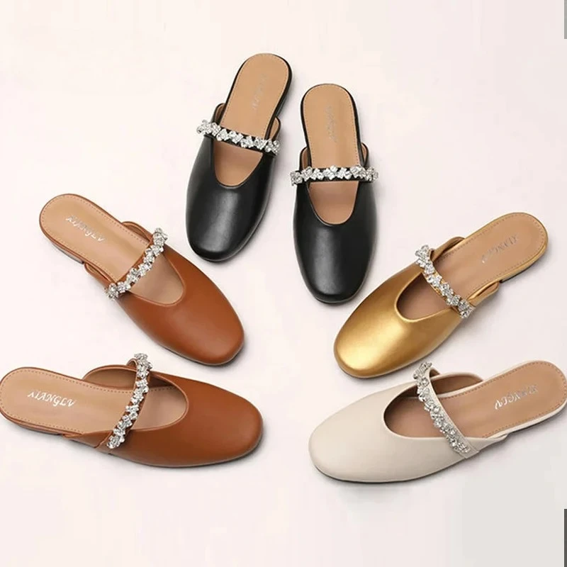 sandalias de mujer True Soft Leather Head Cover Sandals for Women Outdoor Wear 2026 New Thick Heel Mid Heel Pearl Semi-Slip-On view 4