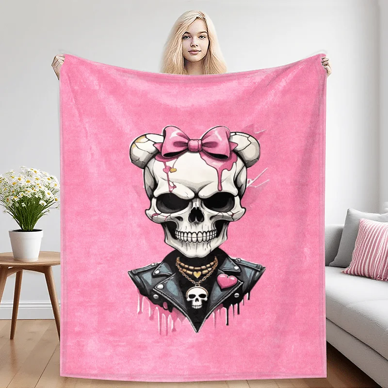 Cute Skull Bow Kawaii Gothic Aesthetic Throw Blanket for Alternative Grunge Halloween Decor150x200cm