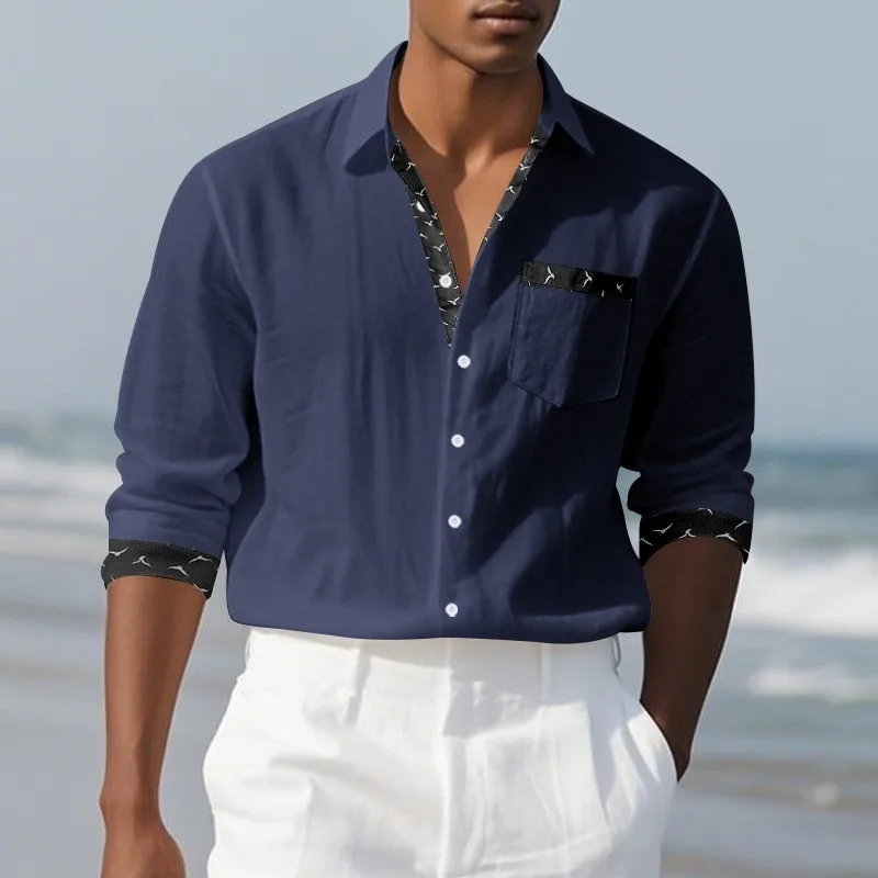 Outono e inverno novo linho de manga comprida camisa masculina simples impresso lapela casual topo masculino