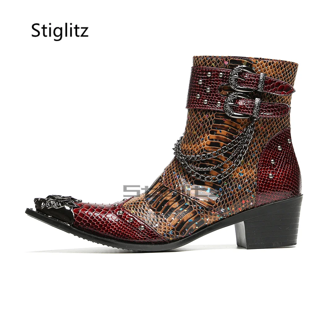 Men's Snake Pattern Chain Boots Western High Heels Rivets Belt Buckle Metal Pointed Toe Chelsea Boots Genuine Leather Shoes
