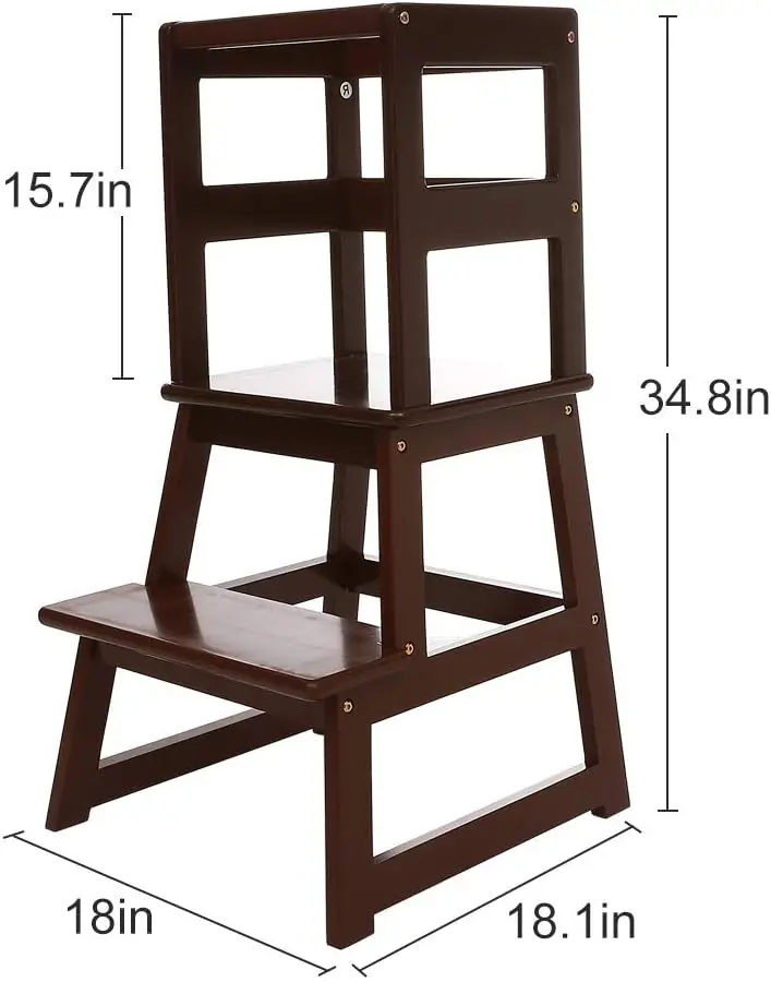 Solid Bamboo Wood Construction Kids Kitchen Step Stool Toddler Learning Stool Tower with Safety Rail