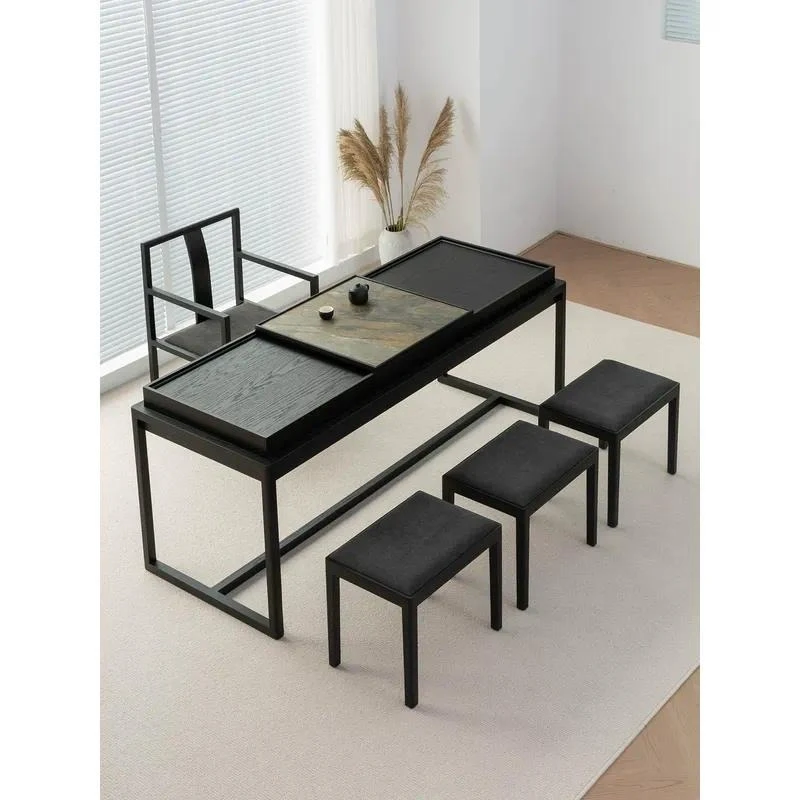 Black Oak Push-Pull Storage Tea Table and Chair Set Modern Simple Solid Wood Home Long Tea Table for Young People
