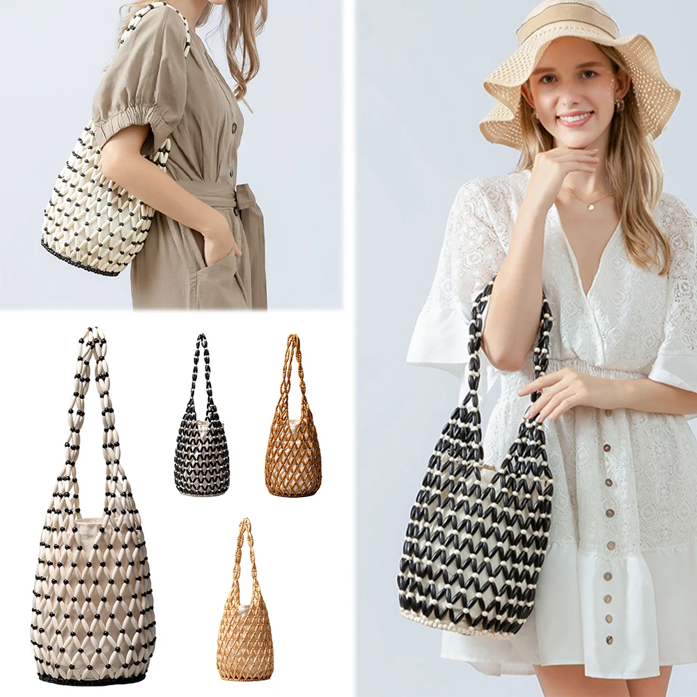 

Wooden Bead Woven Women Handbag Hollow-out Tote Bag Bucket Shoulder Bag Handmade Beaded Straw Bag Casual Summer Beach Handbag