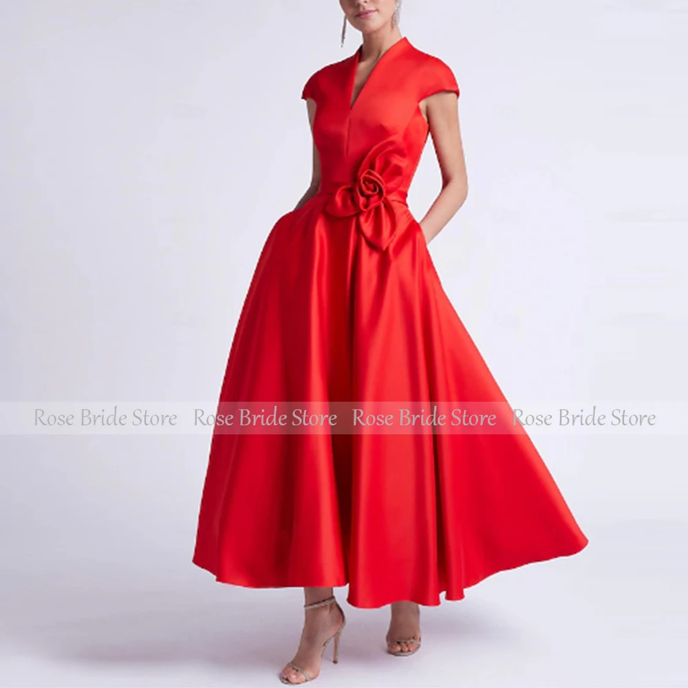 Elegant Women\'s Cocktail Party Gowns Pink Satin Handmade Flower Ruched A-line Poretrait Midi Dresses Bespoke Occasion Gowns