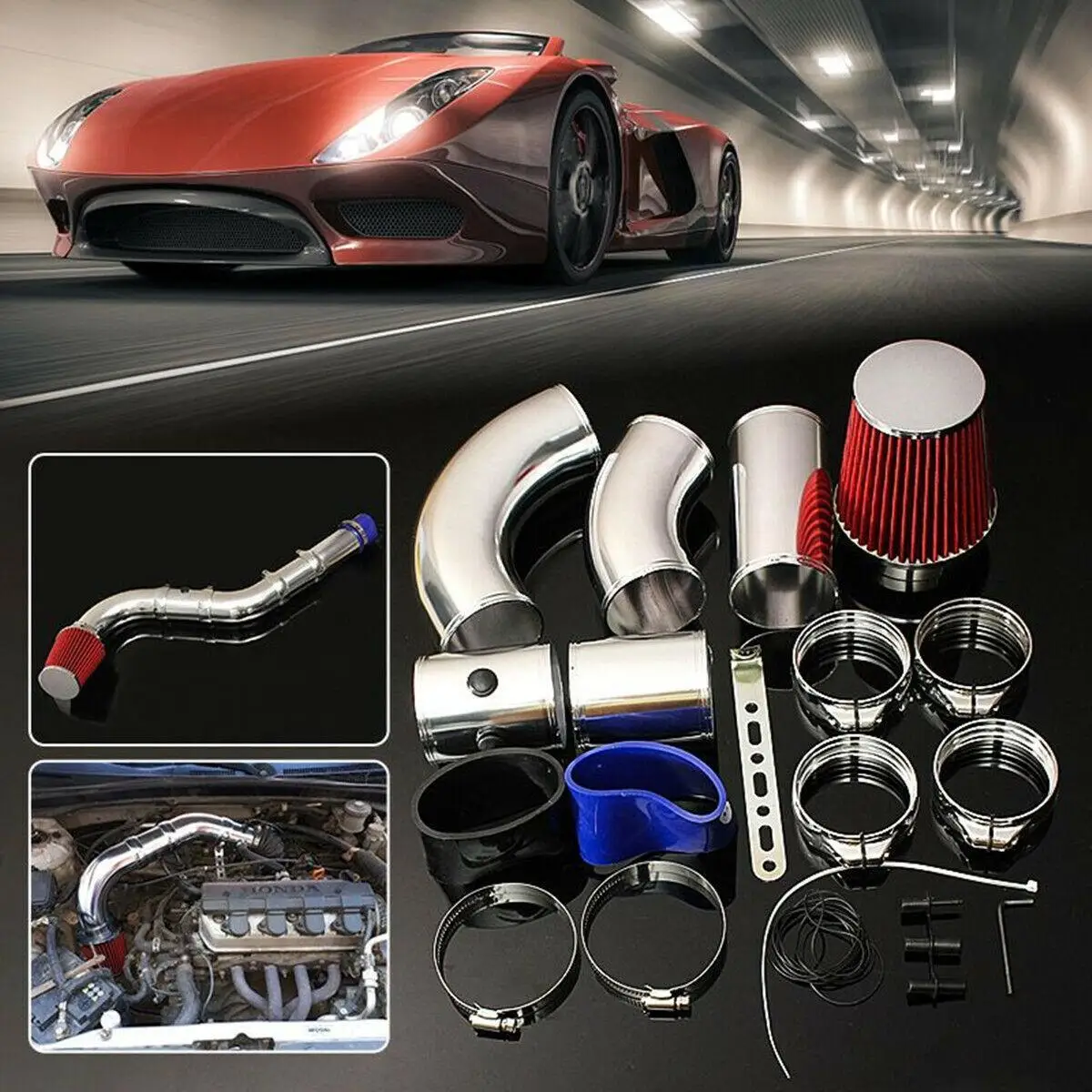 

3" 76mm Universal Air Filter Intake Pipe Kit Cold Air Intake System Pipes with High Flow Filter Aluminum Alloy