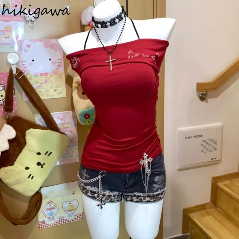 

Women Clothing Slash Neck Short Sleeve Sexy T Shirts Cotton Summer Tees Chic Korean Camisetas Y2k Tops Diamond Cartoon Tshirts