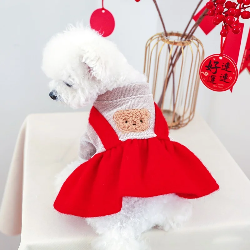 1PC Pet Clothing Cat Autumn/Winter Christmas Little Bear Red Dress Suitable for Small and Medium sized Dogs