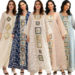 Luxury Sequins Abaya Dress For Women Moroccan Kaftan Turkey Arabic Jalabiya White Islamic Ethnic Robe 2024 Ramadan Eid Mubarak