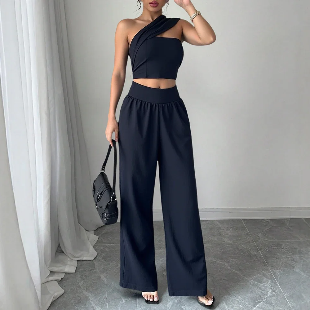 Mia Muse Boutique مجموعات كورية مثيرة عادي بلا أكمام واحدة الكتف الدبابات كامل طول عالية الخصر واسعة الساق مجموعات غير رسمية للنساء