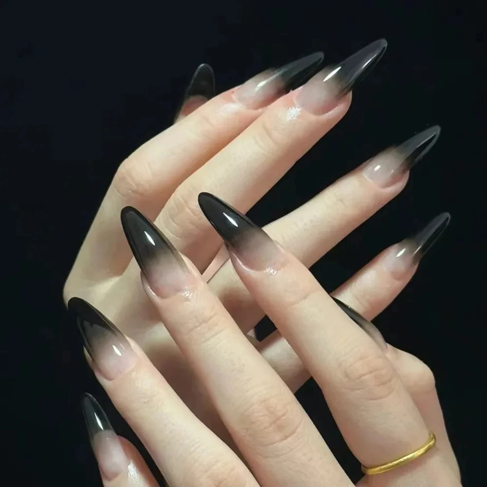 

24pcs Black Gradients Long Paragraph Fashion Manicure Patch Reusable Adhesive False Nails Almond Fake Nails Press On Stiletto