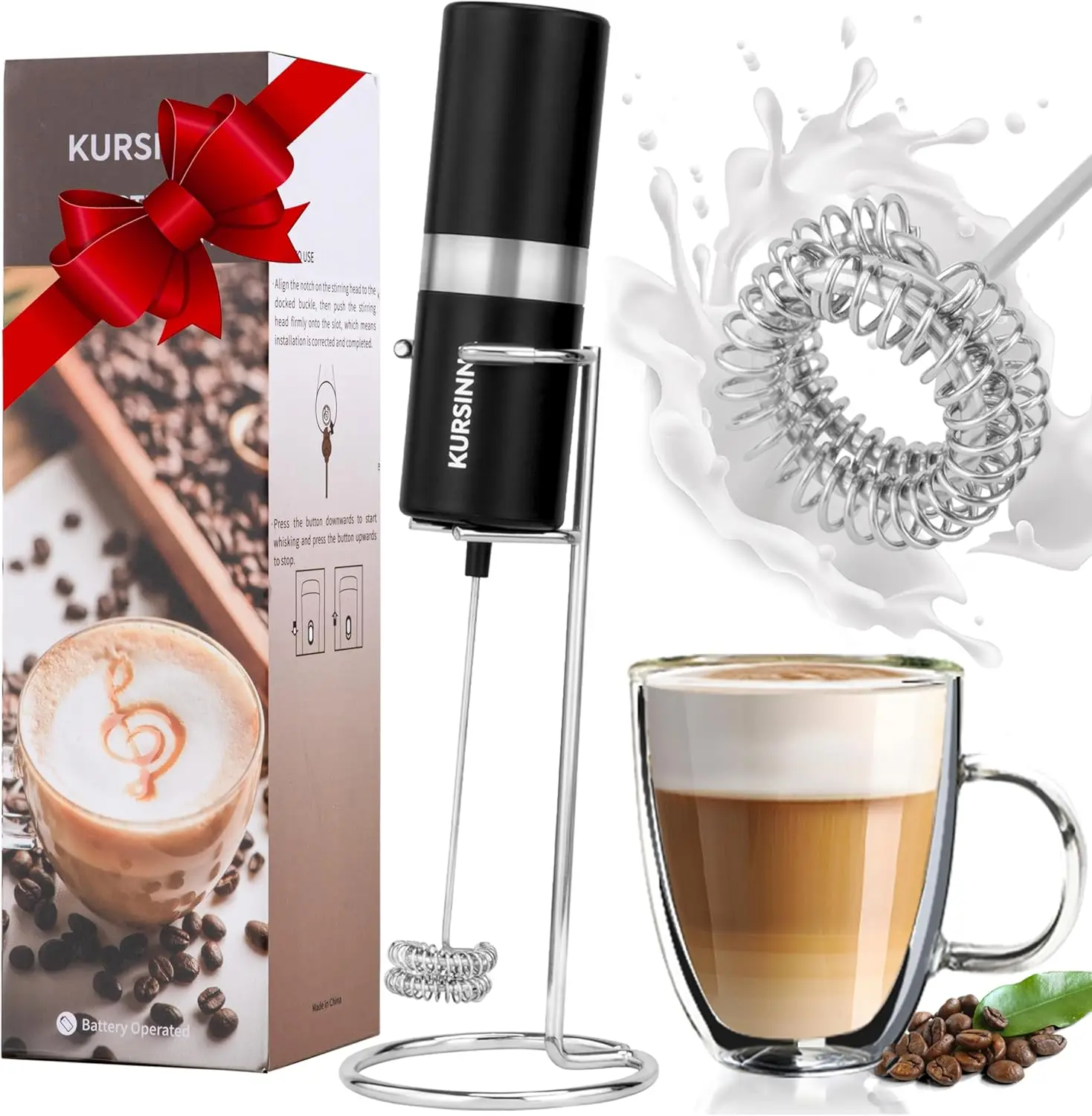 

Handheld Milk Frother, Battery Operated, Double Whisk, Stainless Steel Stand, 13000RPM for Coffee, Lattes, Matcha