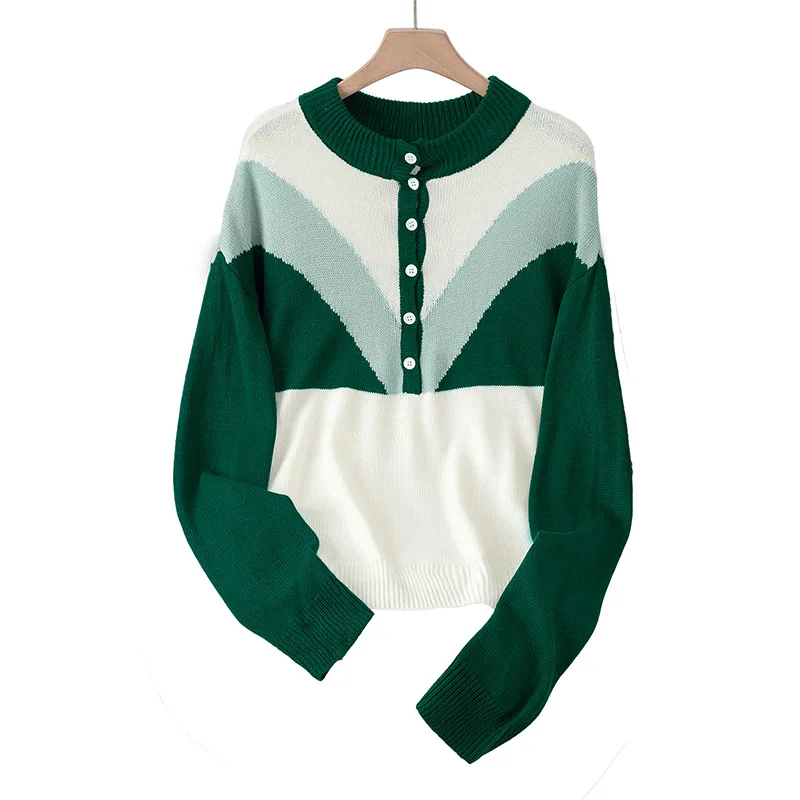Nuevo Otoño Invierno Casual suelto contraste de Color de manga larga medio botón suéter de punto para mujer