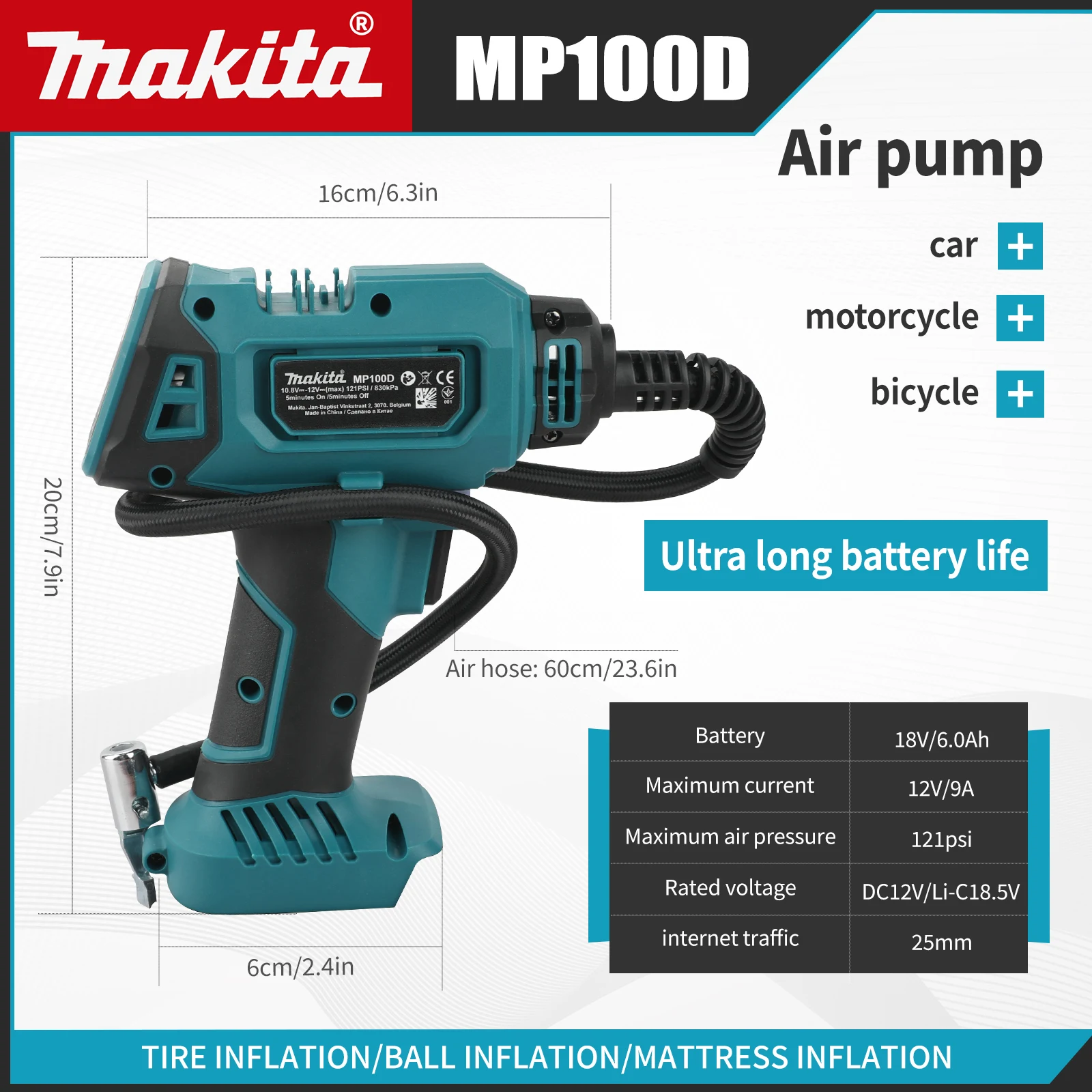 Makita DYS60 18V Cordless Air Pump 121PSI Brushless Motor Portable Tire Inflator for Car Motorcycle Bicycle Ball Mattress