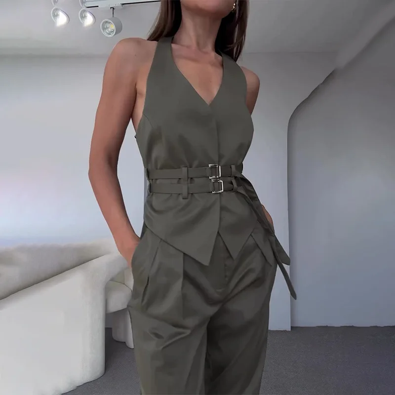 

2025 women's new fashion backless temperament tooling simple suit pants