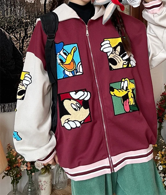 

American Retro Fun Cartoon Sticker Embroidered Color Matching Baseball Jacket Women's Loose Casual Long Sleeve Jacket Autumn