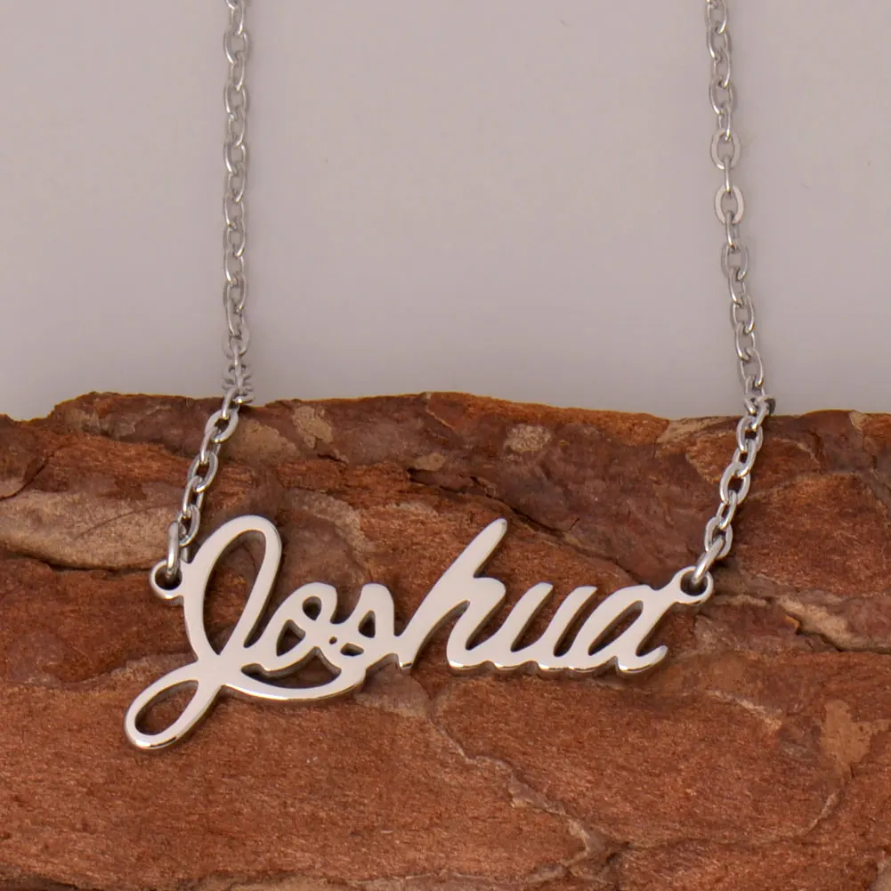 Golden Stainless Steel Carving Joshua Name Necklace for Women, Cursive Letters Nameplate Pendant Jewelry Annivesary Gift