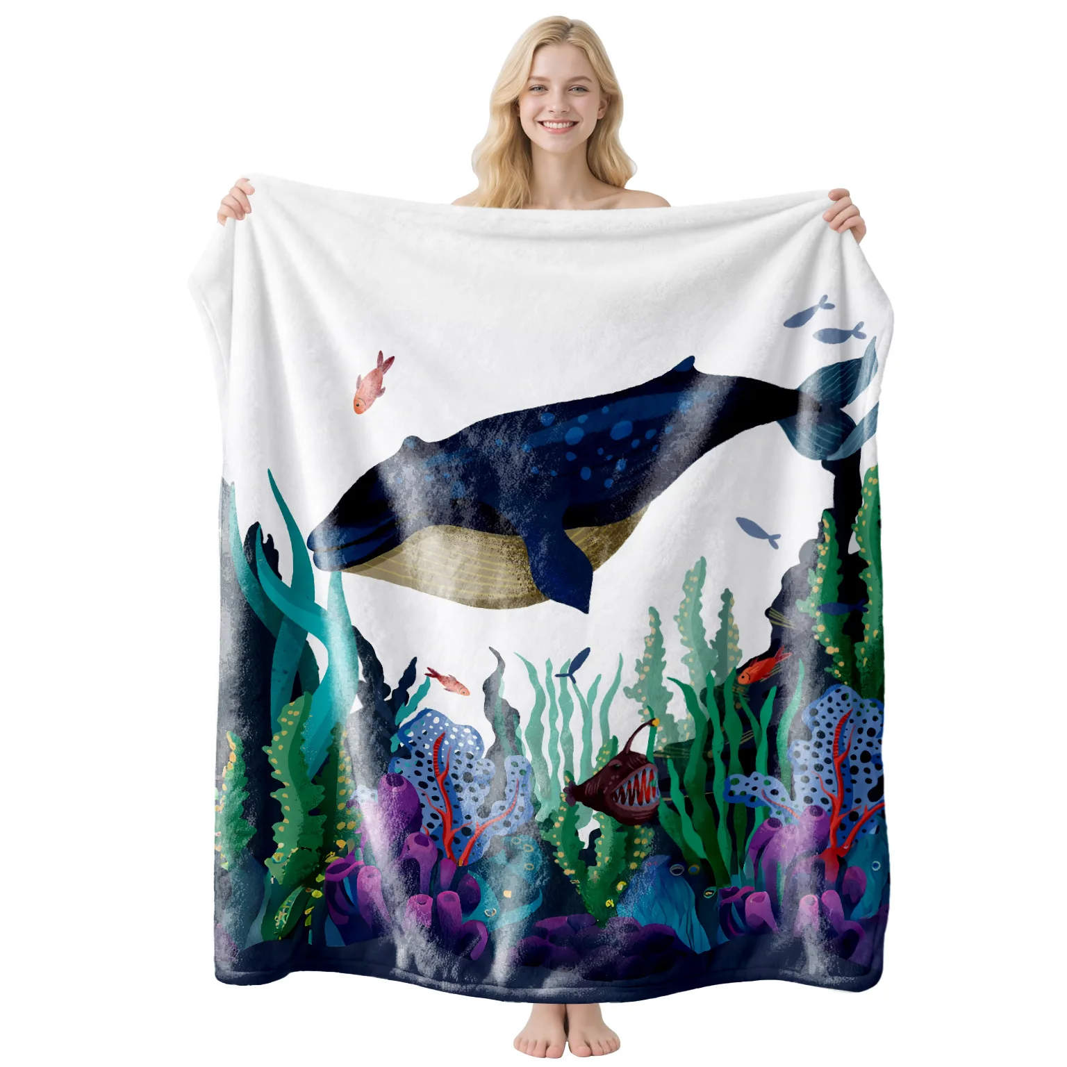 Throw Blanket Ocean Life Blue Whale Shark Coral Reef Print Soft Cozy Bedding Sofa Blankets Beach Theme Room Decor Blanket