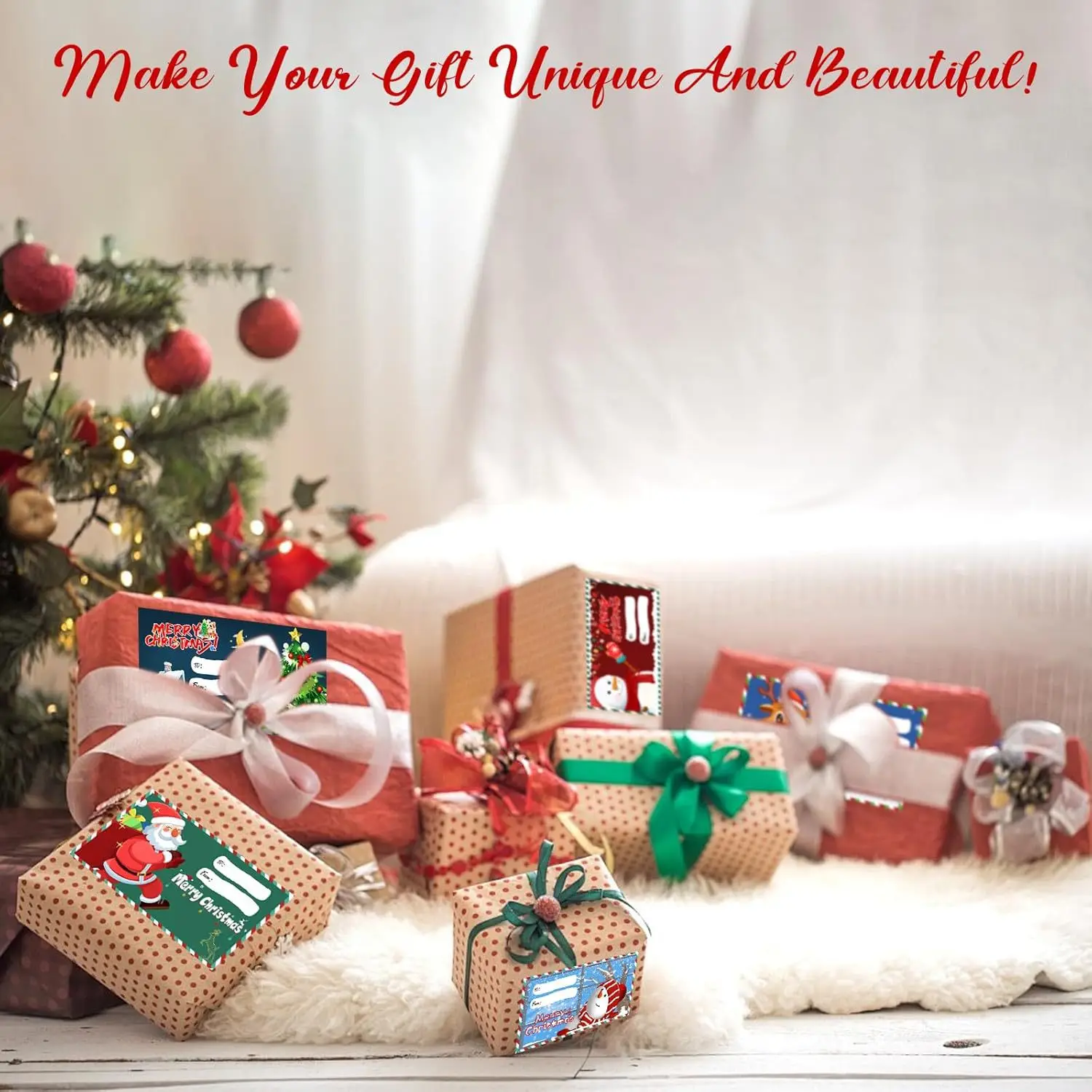 300pcs Self-Adhesive Christmas Gift Tag Roll Name To/From Stickers with Santa Reindeer Snowmen for Presents Wrapping Boxes Decor