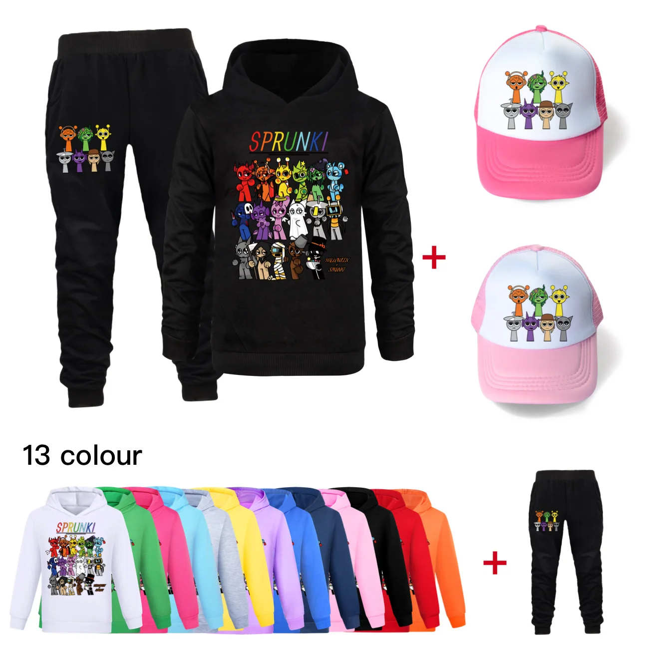 Sprunki Cartoon Hoodie Crianças Tricô Meninos Horror Jogo Incredibox Hoodies & Sweatpants Sunhats 3pcs Conjuntos Criança Meninas Roupas