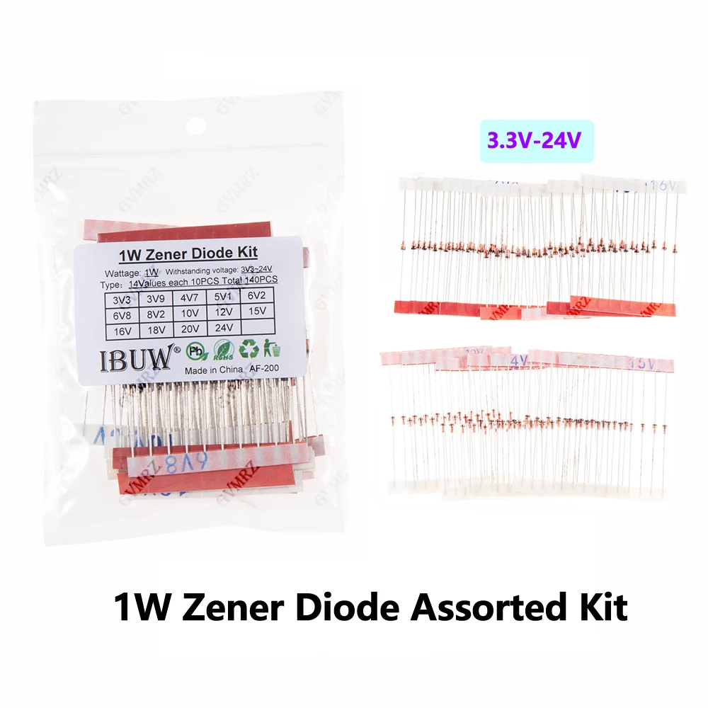 140pcs/Lot 1W Zener Diode Assorted Kit 3.3V-24V 14values*10pcs=140pcs Electronics Component Sample Set 3V3 3V9 4V7 5V1