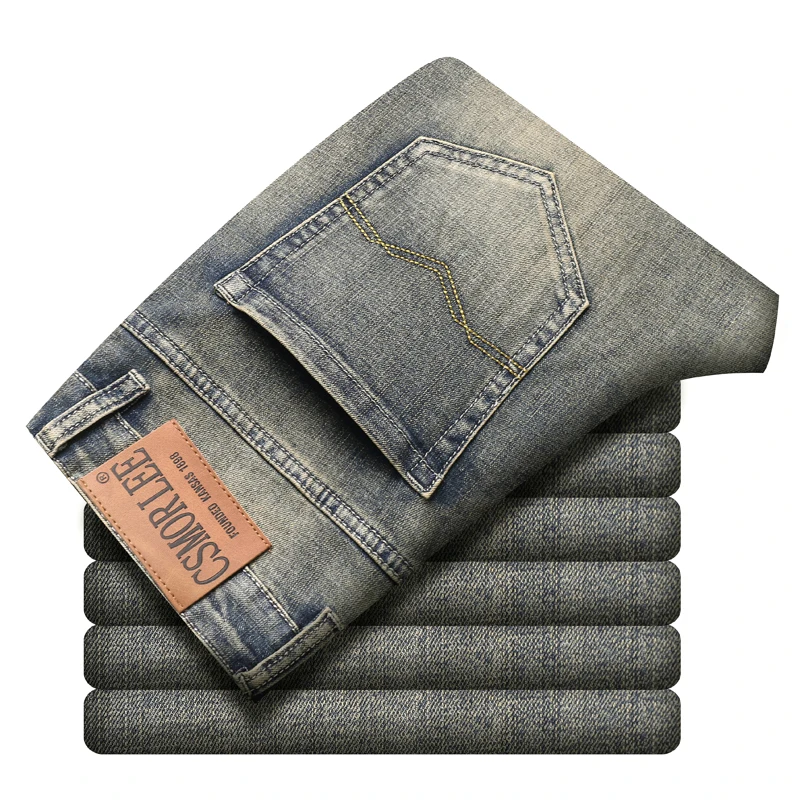 Calças jeans masculinas soltas e esticáveis, amarelo bronze, cor de lama, lavadas nostálgicas clássicas, calças de escritório, novo, 2024