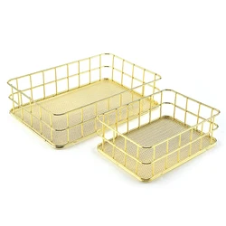 Gold Wire Mesh Basket Iron Storage Basket Desk Drawer Countertop Freezer Organizer Bins for Home Office Kitchen Bathroom Decor