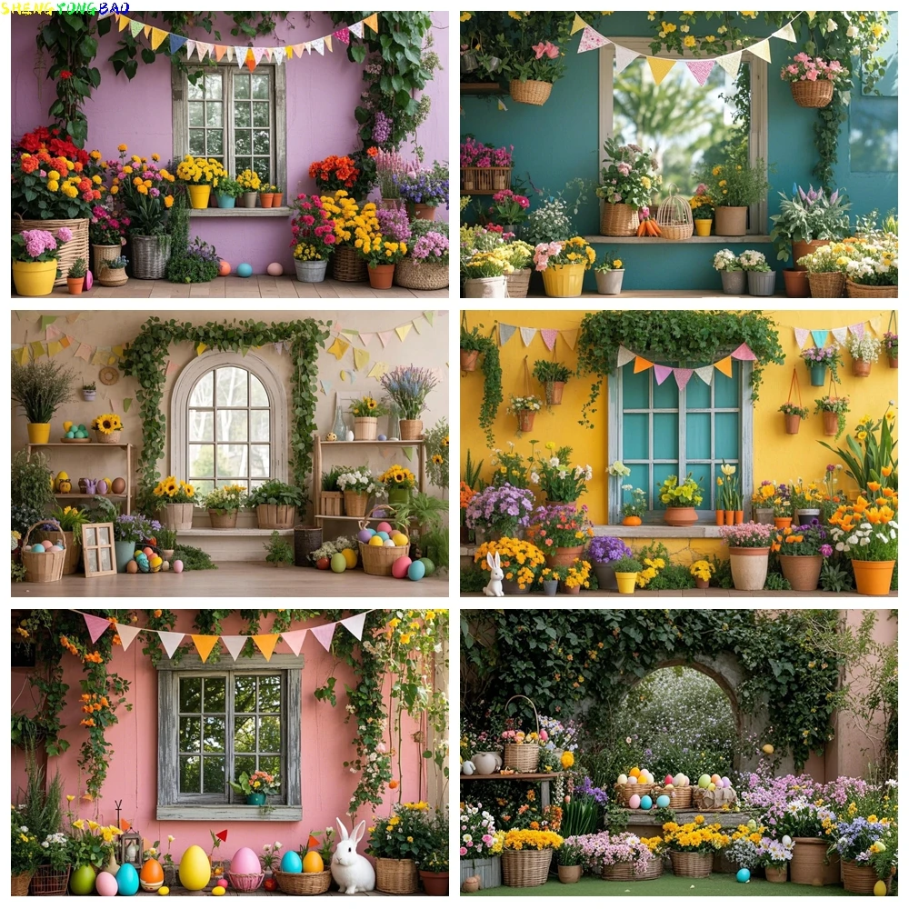

Spring Easter Photography Backdrops Colorful Wall Bunny Eggs Banner Kids Baby Cake Smash Birthday Party Decor Background DE-02