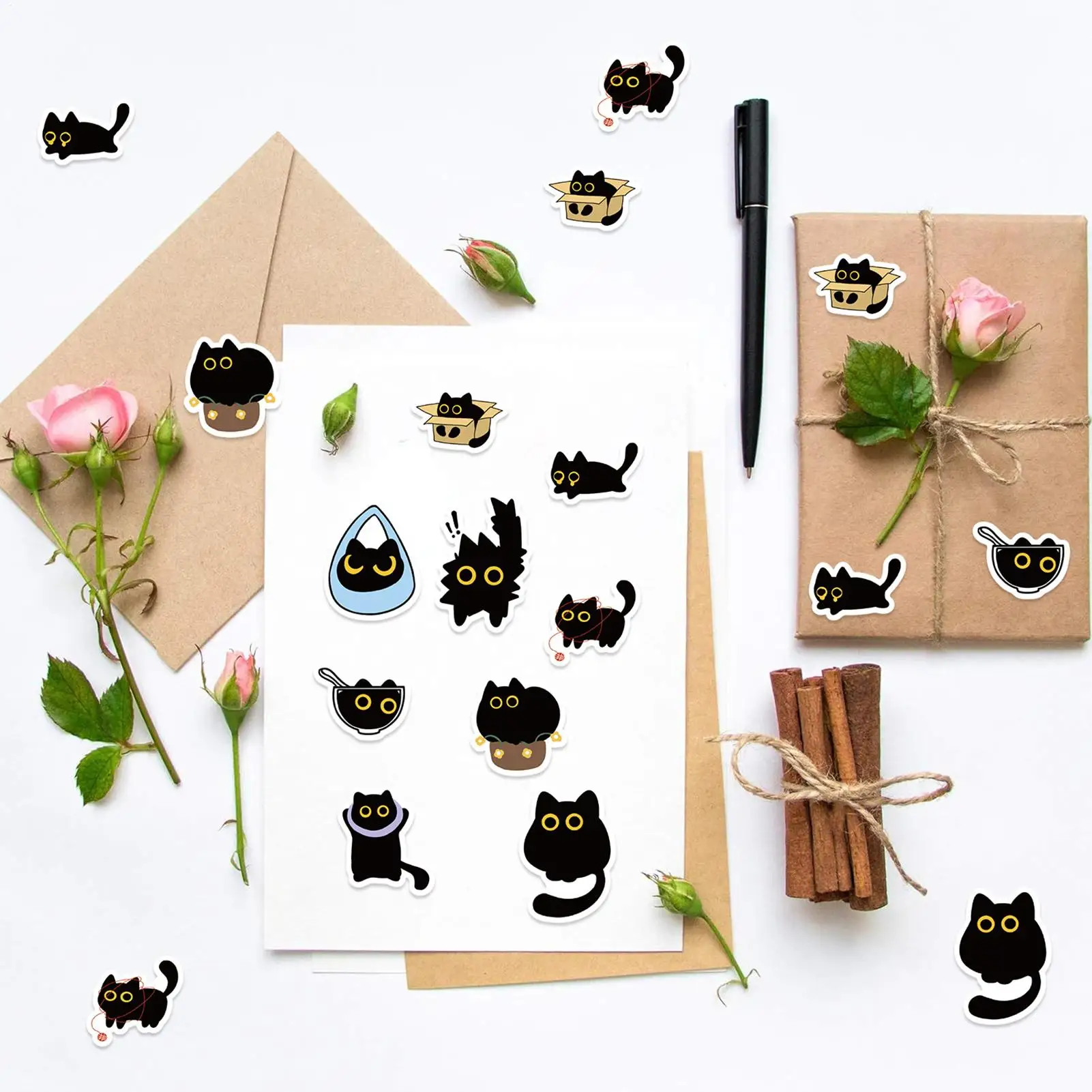 Cat Stickers Roll Funny Cartoon Black Kitten Laptop Stickers 500 Sheet/Roll Aesthetic Cat Decals For Scrapbooking Journal