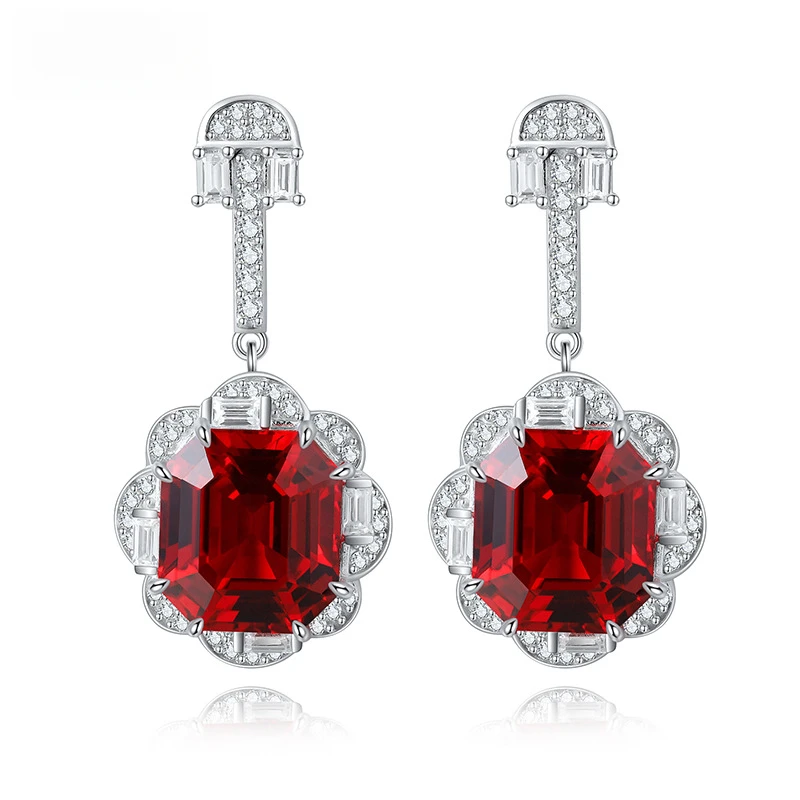 New Luxury Design Asscher Cut Ruby Side White Emerald Round Shape High Carbon Diamond Gemstone Silver Earring Stud