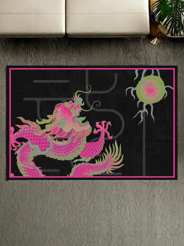 Art Chinese Dragon Carpet Pink Black Retro Decorative Rugs Creative Luxury Living Room Carpets Comfortable Non Slip Bedroom Rug