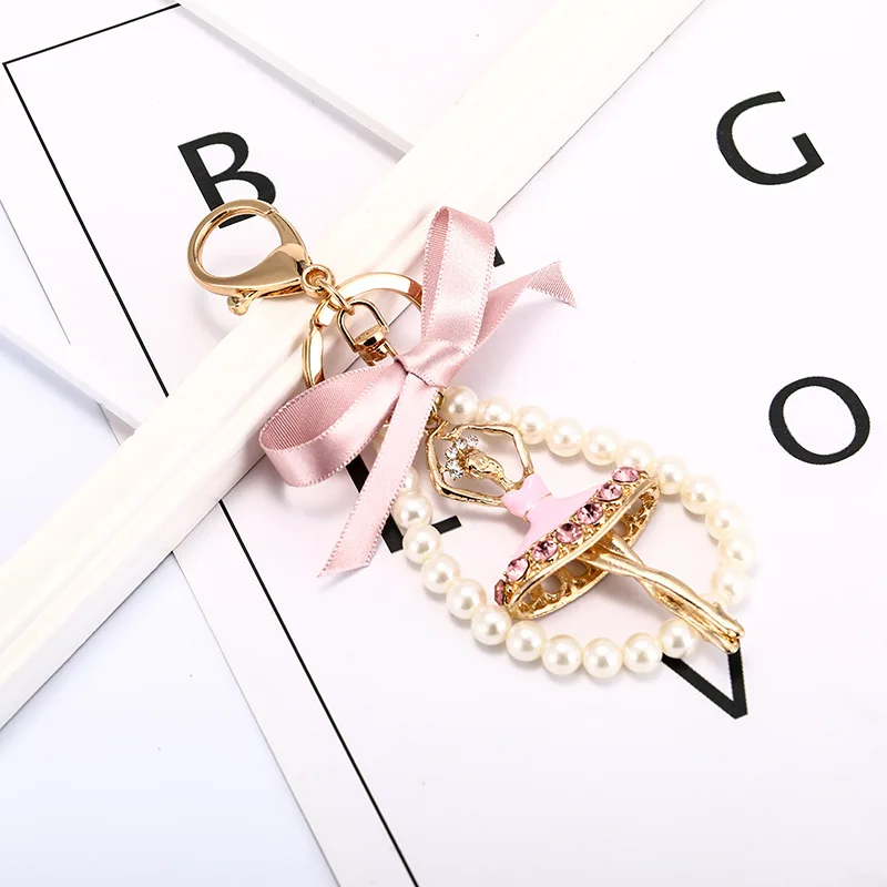 Crystal Delicate Bow Pearl Ballerina Girl Key Chain Pendant Rhinestone Women Handbag Car Key Chains Beautiful Girls Bag Pendant