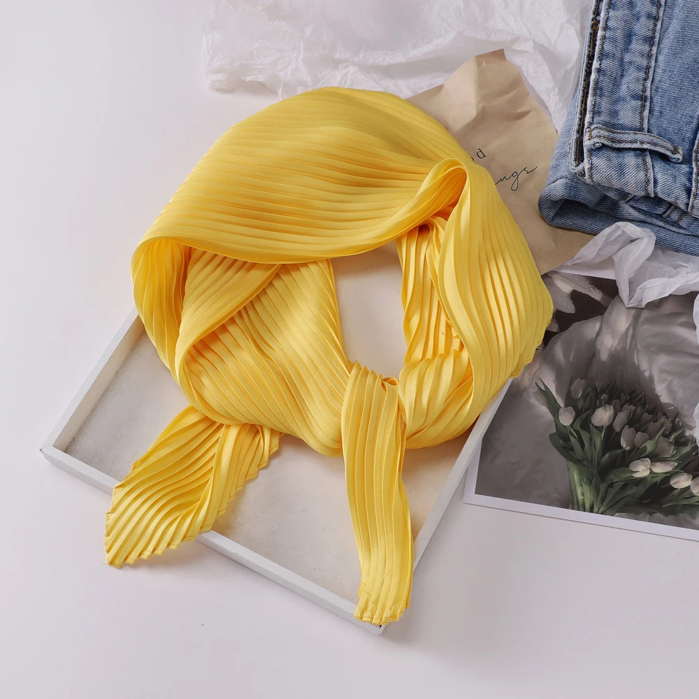 70*70Cm Square Crinkled Scarf Women Silk Pleated Scarf Bright Color Satin Neck Tie Shawl Wraps Female Neckerchief Bandana