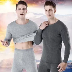 Men Padded Thermal Underwear Set of Large Size Bottoming Slimming Autumn Clothes and Trousers Easy to Wash Solid-Colour O-Neck